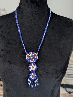 Native American Thunderbird Beaded Medallion Necklace Fringe Vintage